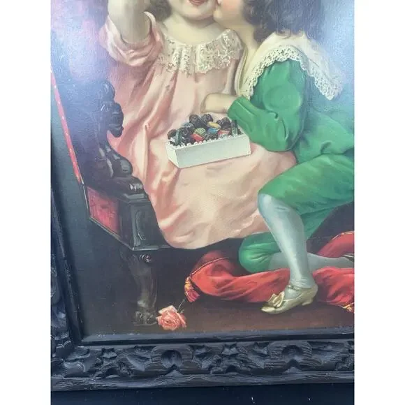 Vintage Victorian Lithograph Boy & Girl Print In Solid Wood Frame 20” X 24”